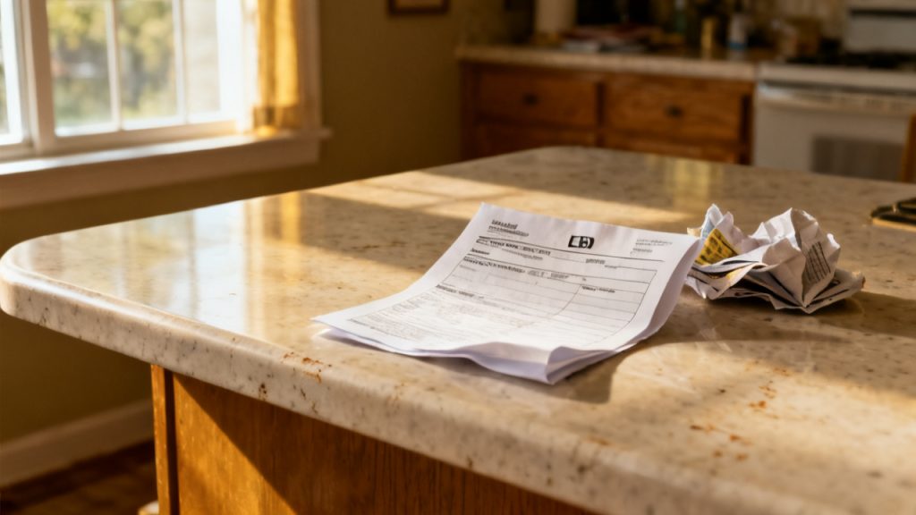 medical-payments page health-plan eob on a kitchen island