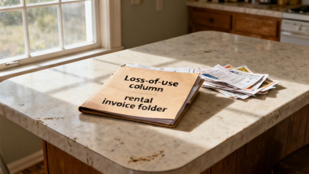 Household hallway console with loss-of-use column rental invoice folder