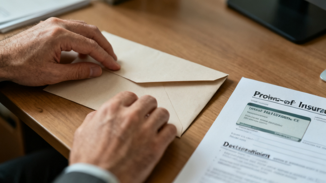 proof-of-insurance card declaration page beside a manila folder