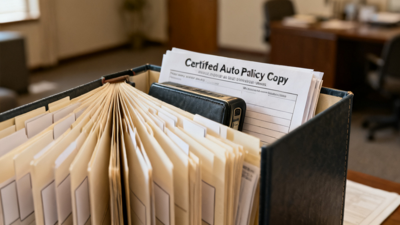 Crop of certified auto policy copy folder on nightstand