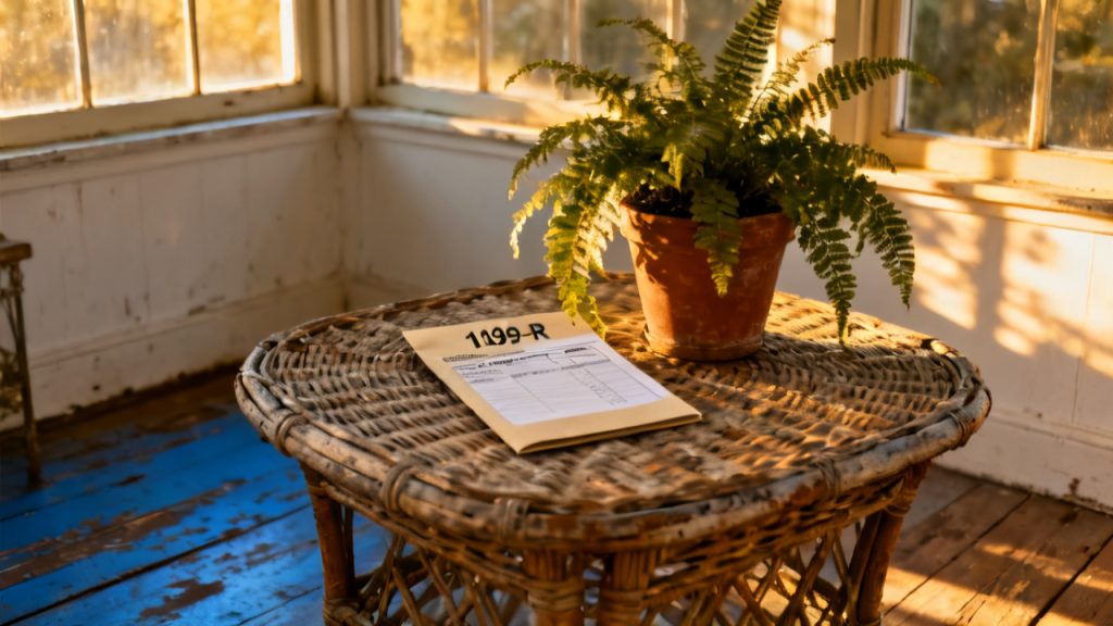 1099-R Box Retirement Statement scene at a sunroom wicker table