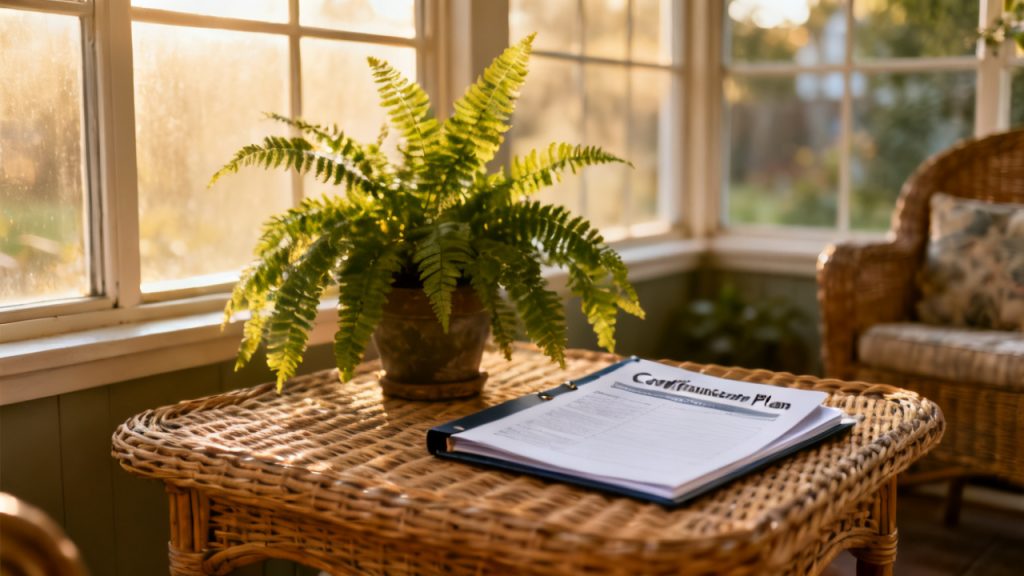 Open-Enrollment Confirmation Plan Booklet scene at a office nook