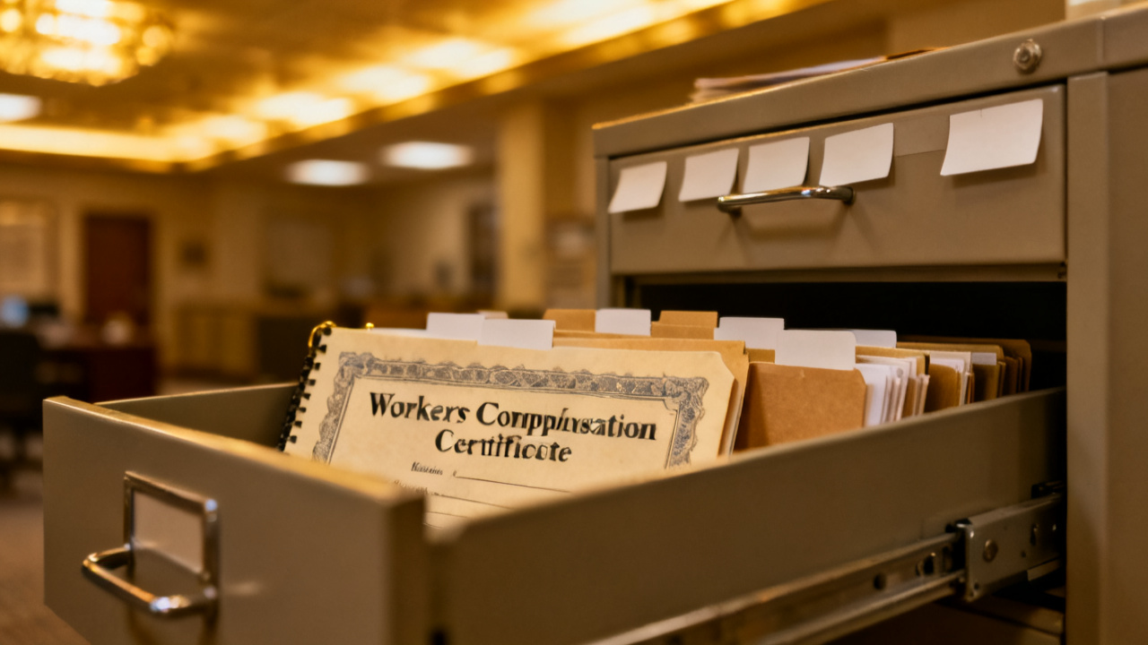 banker's box with workers compensation certificate state folder