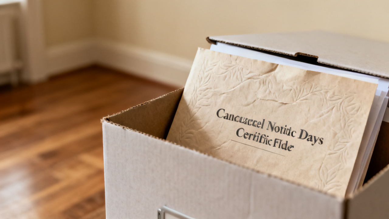 cancellation notice days certificate folder beside a closed packet