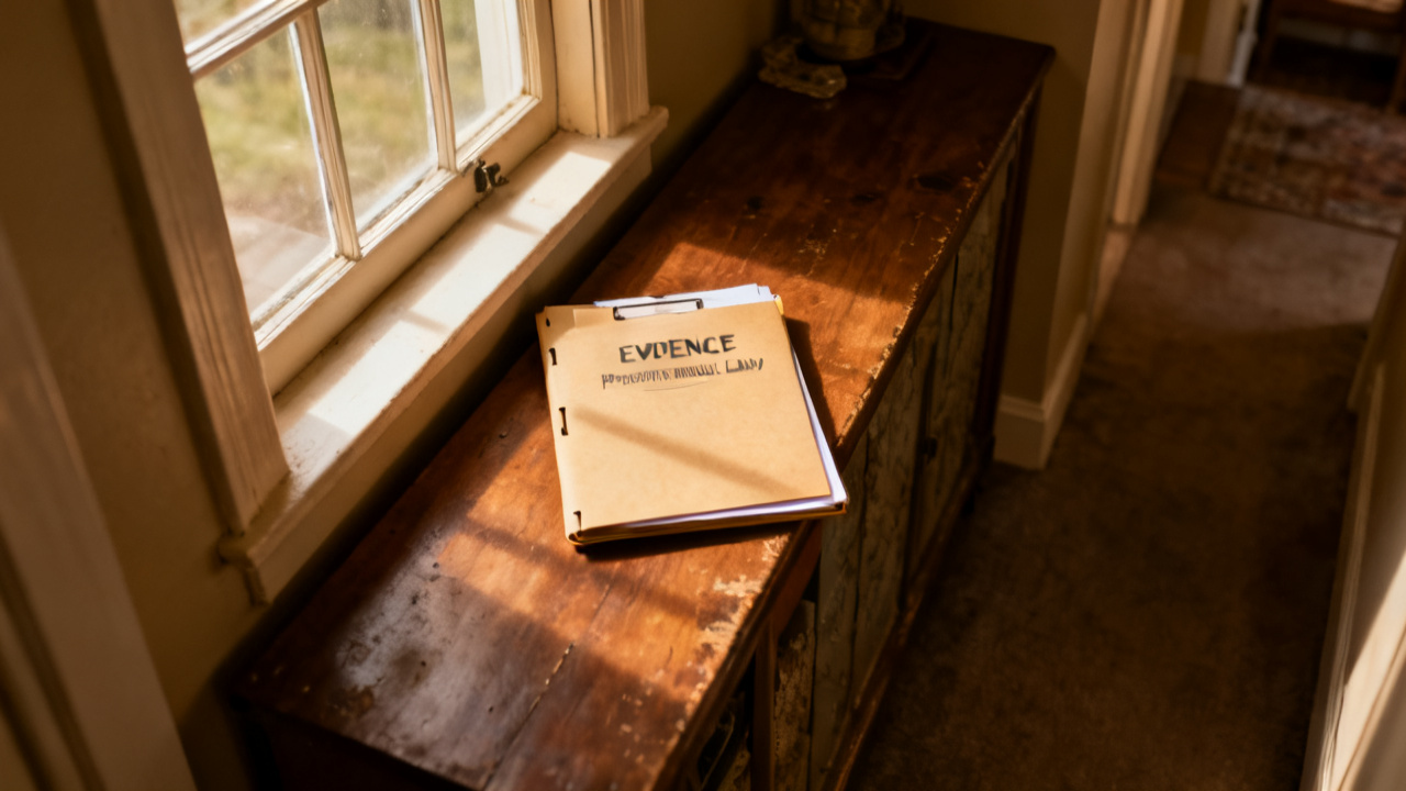 evidence property insurance liability folder on a spare-room folding table